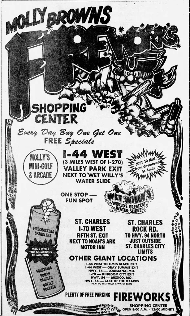 heritage-molly-browns-fireworks-newspaper-ad Vintage Molly Brown’s Fireworks newspaper ad promoting fireworks shopping centers, buy-one-get-one-free specials, mini-golf, arcade games, and multiple Missouri locations.