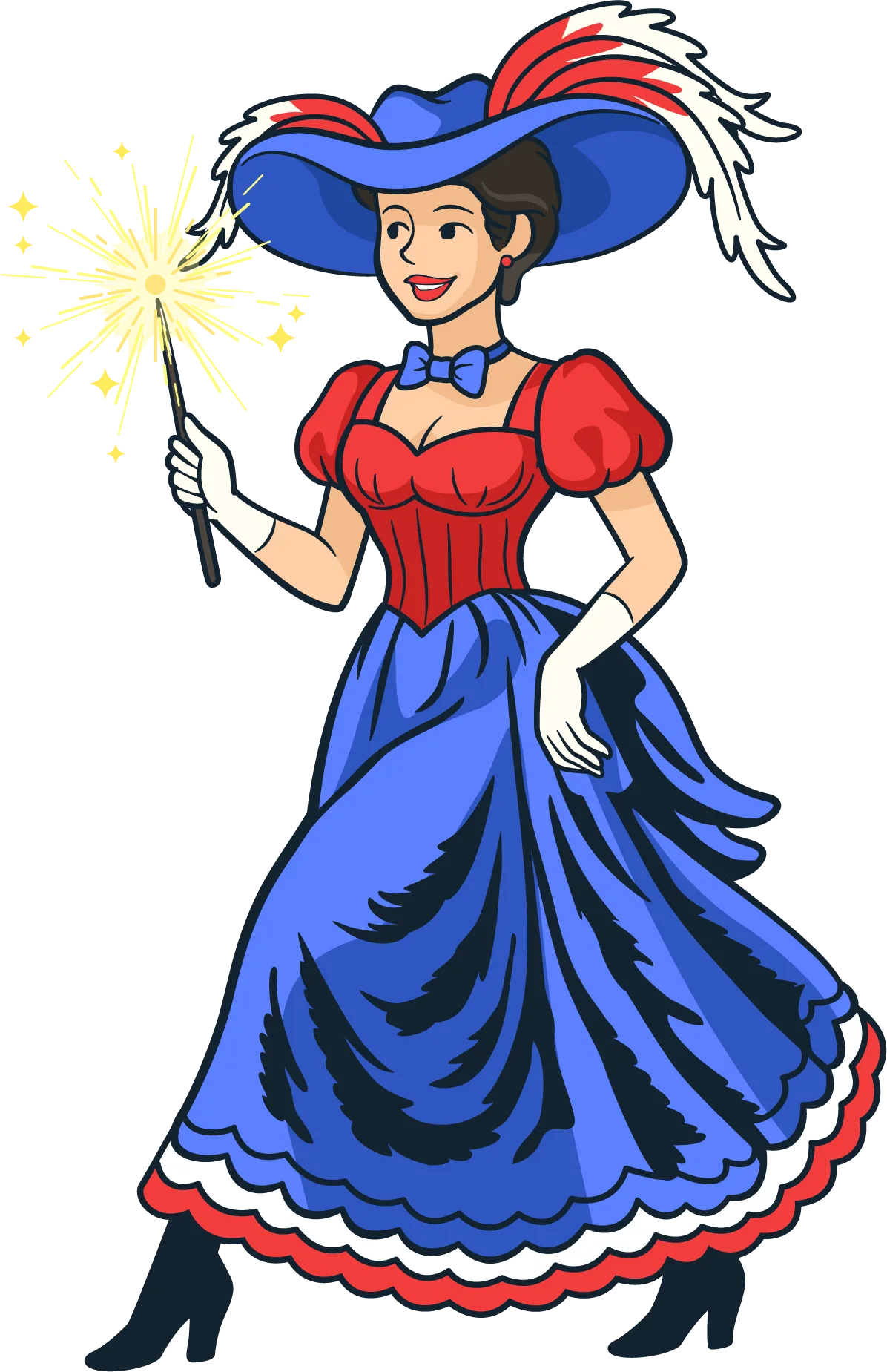 Molly Brown's Fireworks mascot wearing a red, white, and blue dress while holding a sparkler.