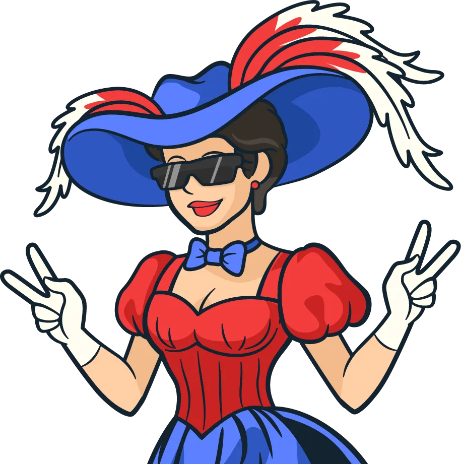 Molly Brown's Fireworks mascot wearing a red, white, and blue dress and sunglasses while showing the peace sign with both hands